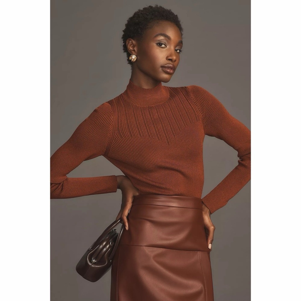 NWT Anthropologie Long Sleeve Corset Rust Orange‎ Turtleneck Sweater